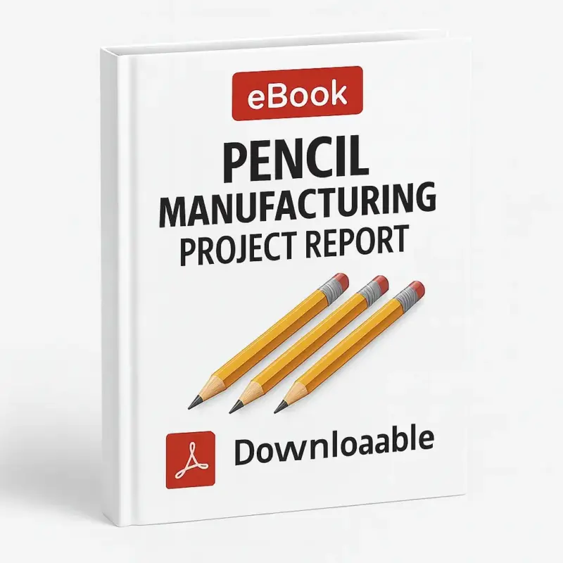 3D eBook cover mockup of Pencil Manufacturing Project Report with three yellow pencils, bold black title text, a red PDF icon, and the word Downloadable on a white background.