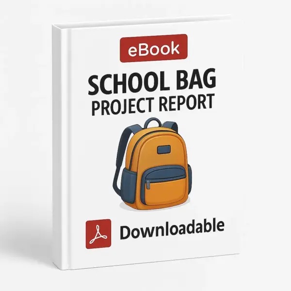 3D eBook cover mockup of School Bag Project Report featuring a bold title, an orange and navy school bag illustration in the center, a red PDF icon, and the word Downloadable on a clean white background.