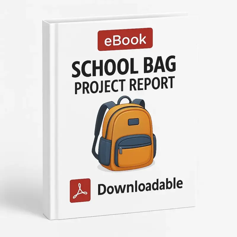 3D eBook cover mockup of School Bag Project Report featuring a bold title, an orange and navy school bag illustration in the center, a red PDF icon, and the word Downloadable on a clean white background.