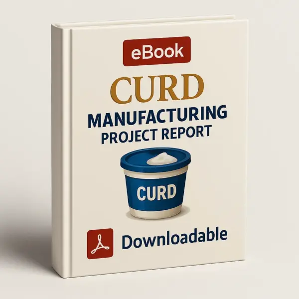 3D premium eBook cover mockup of Curd Manufacturing Project Report with elegant white background, bold golden and navy typography, a realistic blue curd container illustration in the center, a red PDF icon, and the word Downloadable at the bottom.