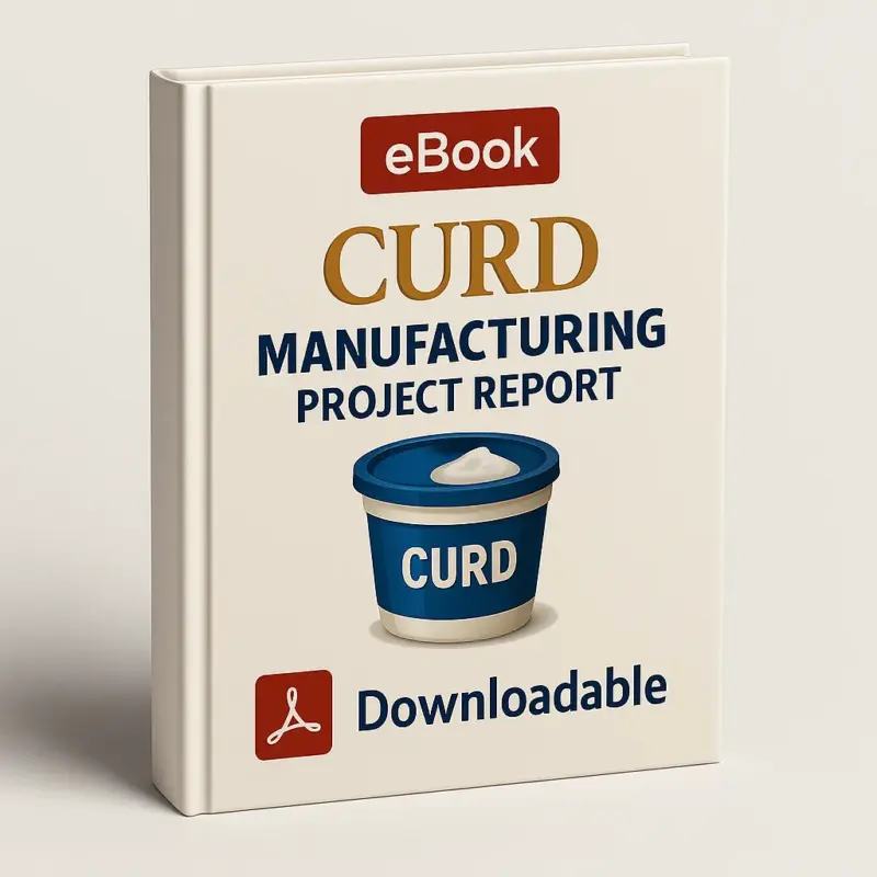 3D premium eBook cover mockup of Curd Manufacturing Project Report with elegant white background, bold golden and navy typography, a realistic blue curd container illustration in the center, a red PDF icon, and the word Downloadable at the bottom.