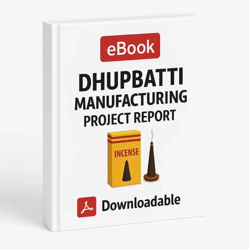 3D eBook cover mockup of Dhupbatti Manufacturing Project Report with clean white background, bold black title text, a yellow incense box showing a dhup stick illustration, a realistic burning dhup cone beside it, a red PDF icon, and the word Downloadable at the bottom.