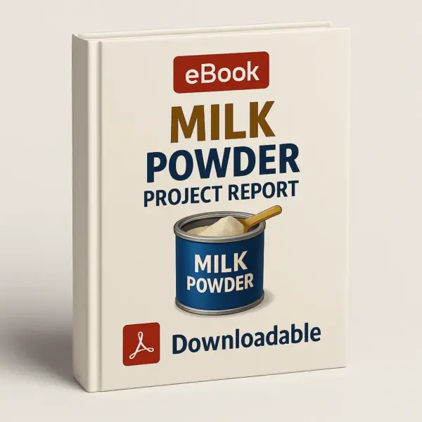 3D eBook cover mockup of Milk Powder Project Report with a clean white background, bold gold and navy title text, a realistic blue container of milk powder with a spoon in the center, a red PDF icon, and the word Downloadable at the bottom.