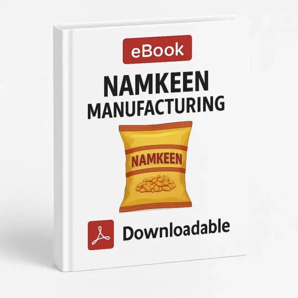 3D eBook cover mockup of Namkeen Manufacturing Project Report with bold black title, a yellow snack packet illustration labeled Namkeen in the center, a red PDF icon, and the word Downloadable on a clean white background.