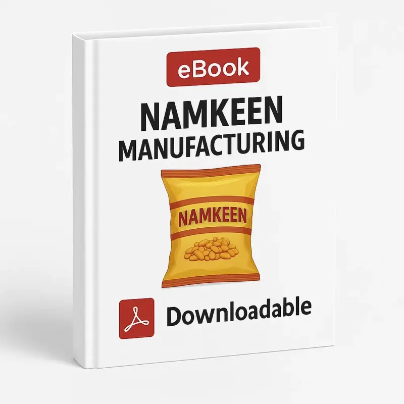3D eBook cover mockup of Namkeen Manufacturing Project Report with bold black title, a yellow snack packet illustration labeled Namkeen in the center, a red PDF icon, and the word Downloadable on a clean white background.