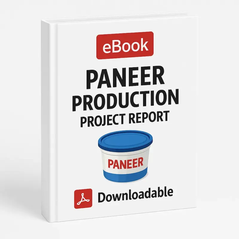 3D eBook cover mockup of Paneer Production Project Report with a clean white background, bold black title text, a realistic paneer container illustration in the center, a red PDF icon, and the word Downloadable at the bottom.