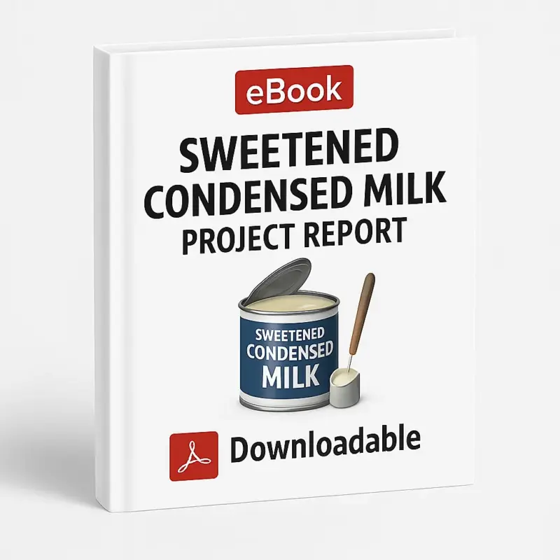 3D eBook cover mockup of Sweetened Condensed Milk Project Report with clean white background, bold black title text, an open blue tin of sweetened condensed milk with a spoon beside it, a red PDF icon, and the word Downloadable at the bottom.