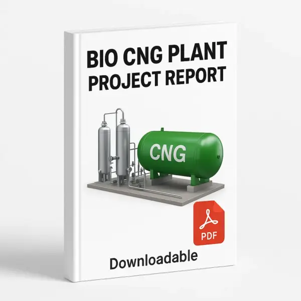 3D eBook cover mockup for “Bio CNG Plant Project Report” with a clean white background. The cover features bold black title text at the top, a realistic illustration of a green CNG gas storage tank with attached silver processing units in the center, a red PDF icon at the bottom right, and the word “Downloadable” written at the bottom.