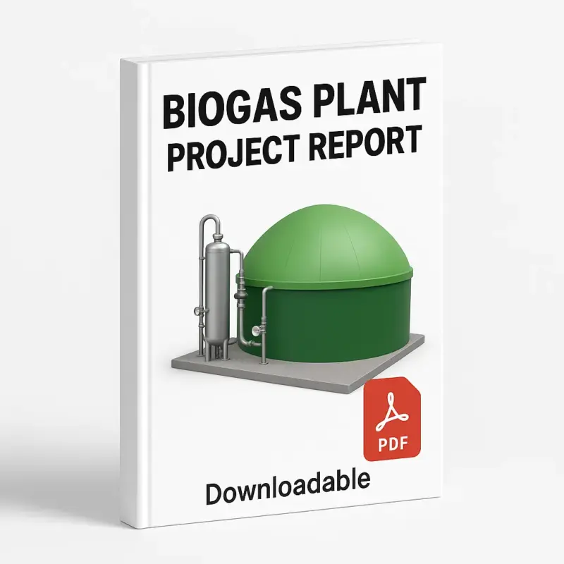 3D eBook cover mockup for “Biogas Plant Project Report” with a clean white background. The cover has bold black title text at the top, a realistic green biogas digester tank with attached silver processing unit in the center, a red PDF icon at the bottom right, and the word “Downloadable” written at the bottom.