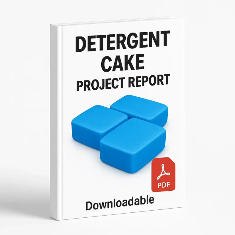3D eBook cover mockup for “Detergent Cake Project Report” with a clean white background. The cover features bold black title text at the top, a realistic illustration of four stacked blue detergent cakes in the center, a red PDF icon at the bottom right, and the word “Downloadable” written at the bottom.