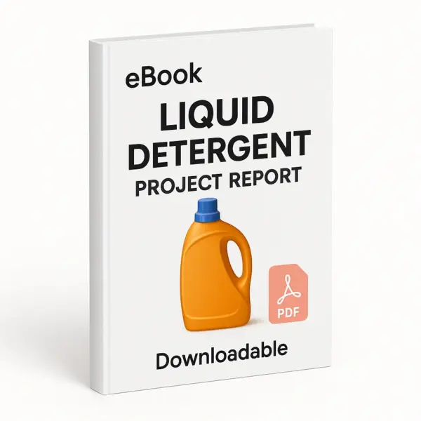 3D eBook cover mockup of "Liquid Detergent Project Report" with a clean white background. The word “eBook” appears at the top, bold black title text in the center, a realistic orange liquid detergent bottle with blue cap in the middle, a light red PDF icon on the right, and the word “Downloadable” at the bottom.