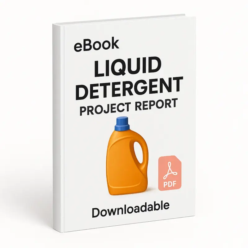 3D eBook cover mockup of "Liquid Detergent Project Report" with a clean white background. The word “eBook” appears at the top, bold black title text in the center, a realistic orange liquid detergent bottle with blue cap in the middle, a light red PDF icon on the right, and the word “Downloadable” at the bottom.