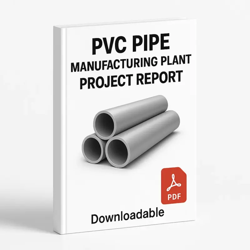 3D eBook cover mockup for “PVC Pipe Manufacturing Plant Project Report” with a clean white background. The cover features bold black title text at the top, a realistic illustration of three stacked gray PVC pipes in the center, a red PDF icon at the bottom right, and the word “Downloadable” written at the bottom.