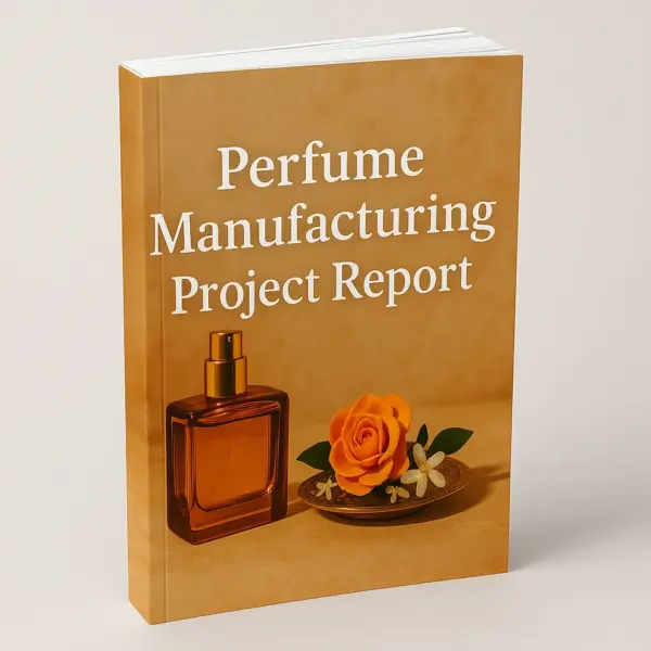 3D mockup of a premium book titled 'Perfume Manufacturing Project Report' featuring a warm beige background, an amber glass perfume bottle, and a decorative brass plate with an orange rose and jasmine flowers—symbolizing fragrance and elegance in Indian style.