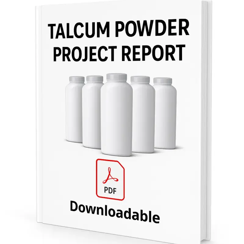 A 3D eBook cover mockup titled "Talcum Powder Project Report" with a clean white background. The cover shows five white cylindrical talcum powder containers in the center, a red PDF icon below them, and the word "Downloadable" written at the bottom. The book style features a visible left-side binding.