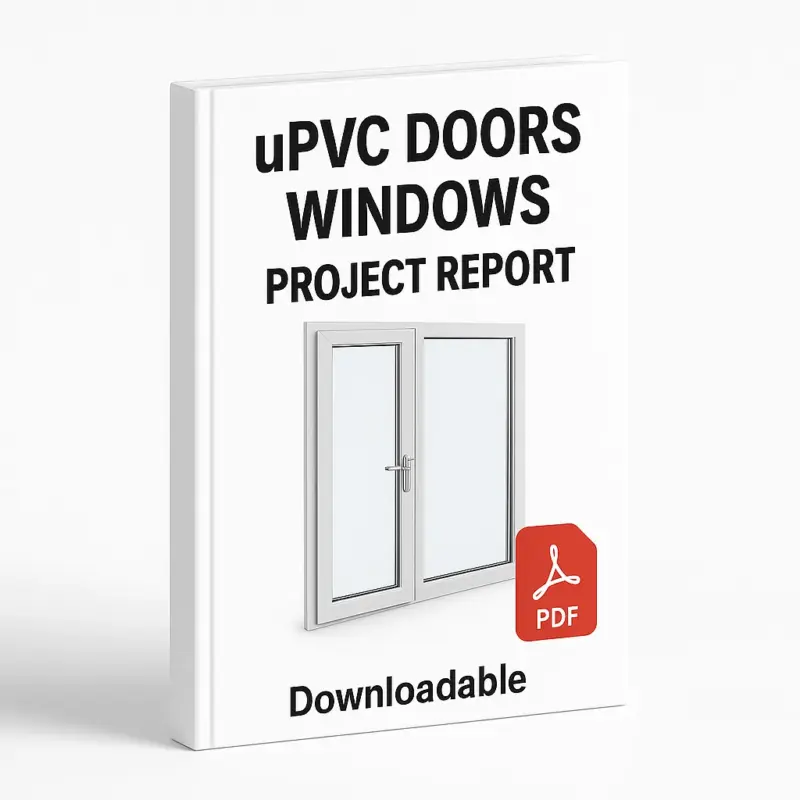 3D eBook cover mockup for “uPVC Doors Windows Project Report” with a clean white background. The cover displays bold black title text at the top, a realistic illustration of a white uPVC door and window unit in the center, a red PDF icon at the bottom right, and the word “Downloadable” written at the bottom.