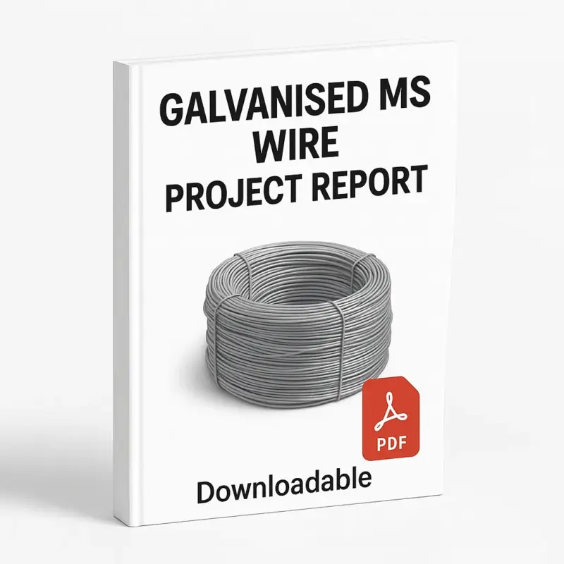 3D eBook cover mockup of “Galvanised MS Wire Project Report” with a realistic coiled galvanized wire in the center, white background, red PDF icon at the bottom right, the word “Downloadable” below, and a slight right-side tilt showing the book’s spine.