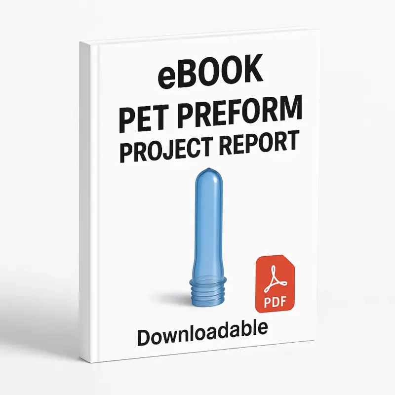 3D eBook cover mockup of “PET Preform Project Report” with a realistic blue PET preform in the center, white background, red PDF icon at the bottom right, the word “Downloadable” below, and the text “eBook” written at the top with a slight right-side angle showing the spine.