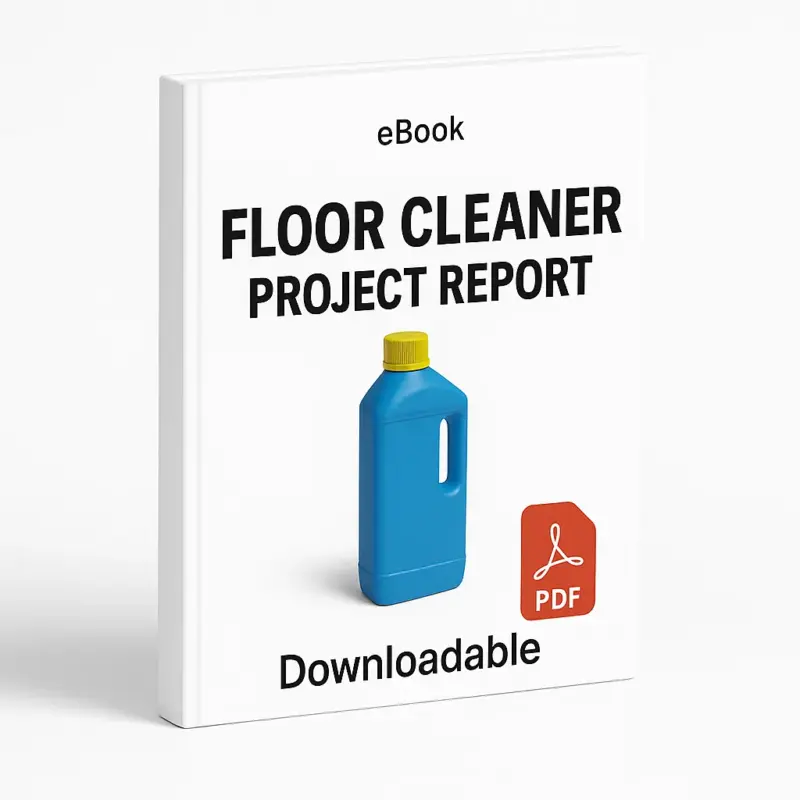 3D eBook cover mockup of “Floor Cleaner Project Report” with a realistic blue floor cleaner bottle featuring a yellow cap in the center, white background, small “eBook” text at the top, red PDF icon at the bottom right, and the word “Downloadable” written below, shown at a slight right-side angle revealing the book spine.