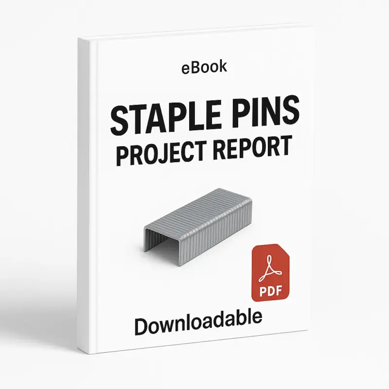3D eBook cover mockup of “Staple Pins Project Report” with a realistic silver staple pin in the center, white background, small “eBook” text at the top, red PDF icon at the bottom right, and the word “Downloadable” written below, shown at a slight right-side angle revealing the spine.