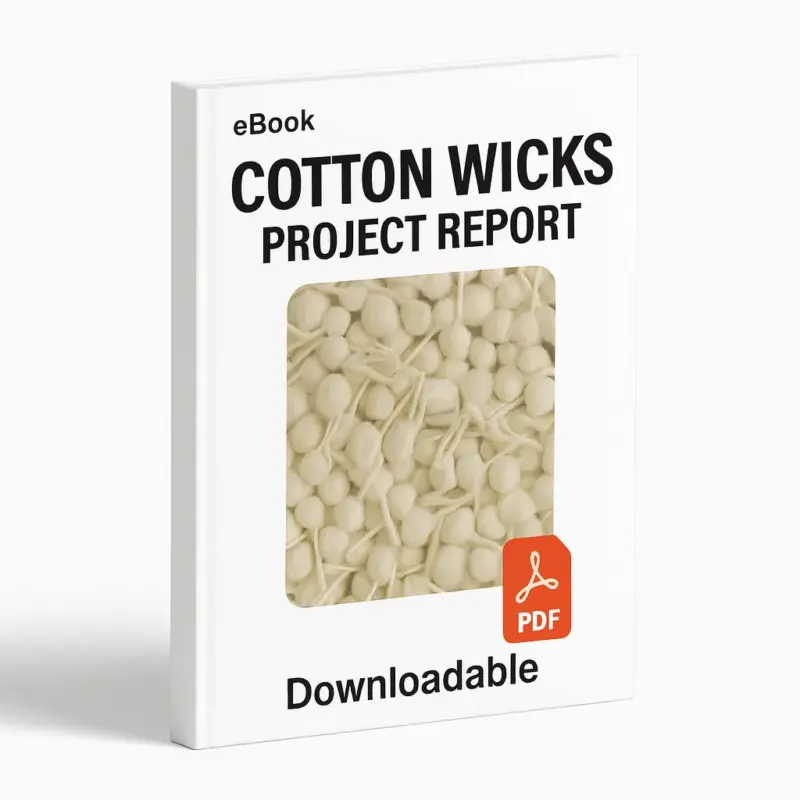 3D eBook cover mockup of “Cotton Wicks Project Report” with a realistic image of white cotton wicks used for diyas or lamps in the center, white background, small “eBook” text at the top, red PDF icon at the bottom right, and the word “Downloadable” written below, shown at a slight right-side angle revealing the spine.