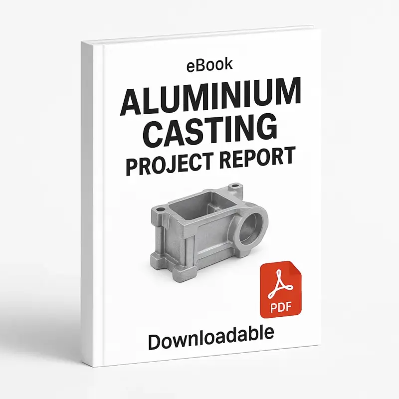 3D eBook cover mockup of “Aluminium Casting Project Report” with a realistic aluminum cast component in the center, white background, small “eBook” text at the top, red PDF icon at the bottom right, and the word “Downloadable” written below, shown at a slight right-side angle revealing the spine.
