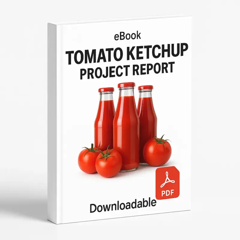 3D eBook cover mockup of “Tomato Ketchup Project Report” with three glass ketchup bottles and fresh red tomatoes in the center, white background, small “eBook” text at the top, red PDF icon at the bottom right, and the word “Downloadable” written below, shown at a slight right-side angle revealing the spine.