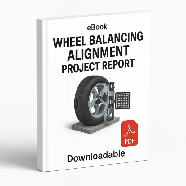 3D eBook cover mockup of “Wheel Balancing Alignment Project Report” with a realistic car wheel and alignment machine in the center, white background, small “eBook” text at the top, red PDF icon at the bottom right, and the word “Downloadable” written below, shown at a slight right-side angle revealing the book spine.