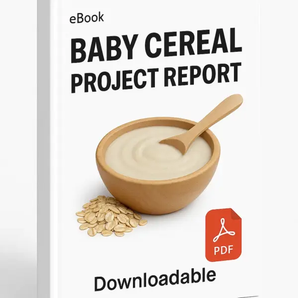 3D eBook cover mockup of “Baby Cereal Project Report” with a realistic bowl of baby cereal and a spoon in the center, white background, small “eBook” text at the top, red PDF icon at the bottom right, and the word “Downloadable” written below, shown at a slight right-side angle revealing the book spine.