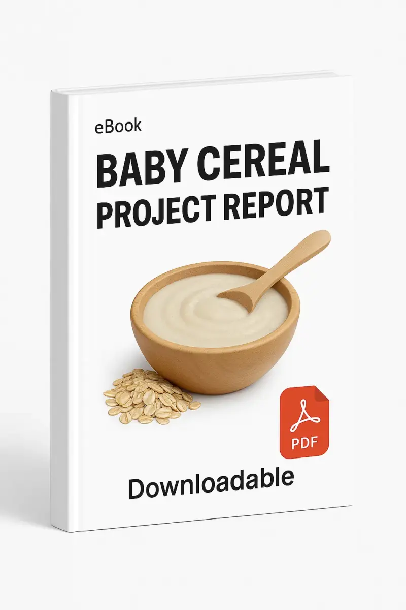 3D eBook cover mockup of “Baby Cereal Project Report” with a realistic bowl of baby cereal and a spoon in the center, white background, small “eBook” text at the top, red PDF icon at the bottom right, and the word “Downloadable” written below, shown at a slight right-side angle revealing the book spine.