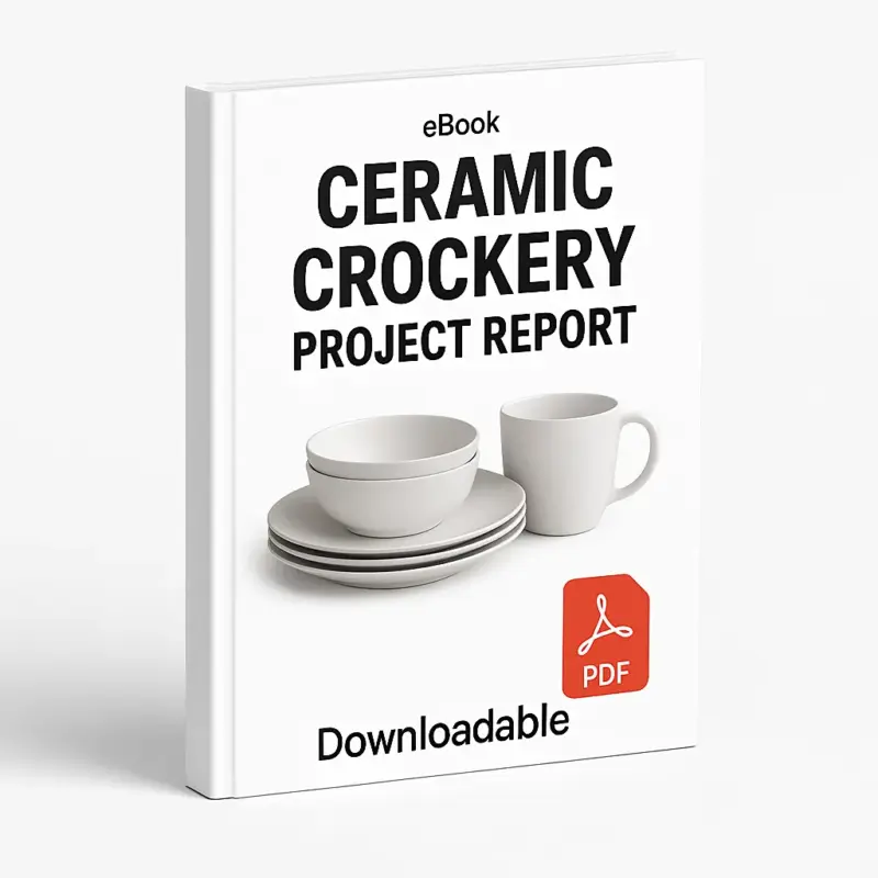 3D eBook cover mockup of “Ceramic Crockery Project Report” with a realistic white crockery set including plates, bowls, and a cup in the center, white background, small “eBook” text at the top, red PDF icon at the bottom right, and the word “Downloadable” written below, shown at a slight right-side angle revealing the spine.