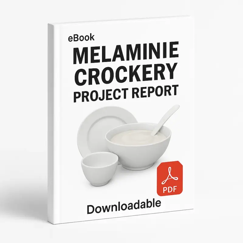 3D eBook cover mockup of “Melamine Crockery Project Report” with a realistic white melamine crockery set including plates, bowls, and a cup in the center, white background, small “eBook” text at the top, red PDF icon at the bottom right, and the word “Downloadable” written below, shown at a slight right-side angle revealing the spine.