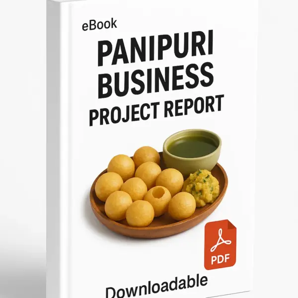 3D eBook cover mockup of “Panipuri Business Project Report” with a realistic plate of golden panipuris and a bowl of spicy green water in the center, white background, small “eBook” text at the top, red PDF icon at the bottom right, and the word “Downloadable” written below, shown at a slight right-side angle revealing the book spine.