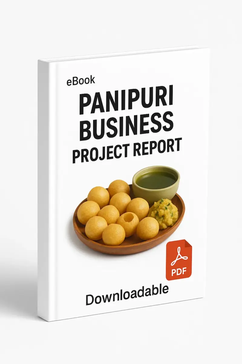 3D eBook cover mockup of “Panipuri Business Project Report” with a realistic plate of golden panipuris and a bowl of spicy green water in the center, white background, small “eBook” text at the top, red PDF icon at the bottom right, and the word “Downloadable” written below, shown at a slight right-side angle revealing the book spine.