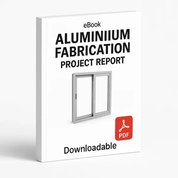 3D eBook cover mockup of “Aluminium Fabrication Project Report” with a realistic aluminum window frame in the center, white background, small “eBook” text at the top, red PDF icon at the bottom right, and the word “Downloadable” written below, shown at a slight right-side angle revealing the book spine.