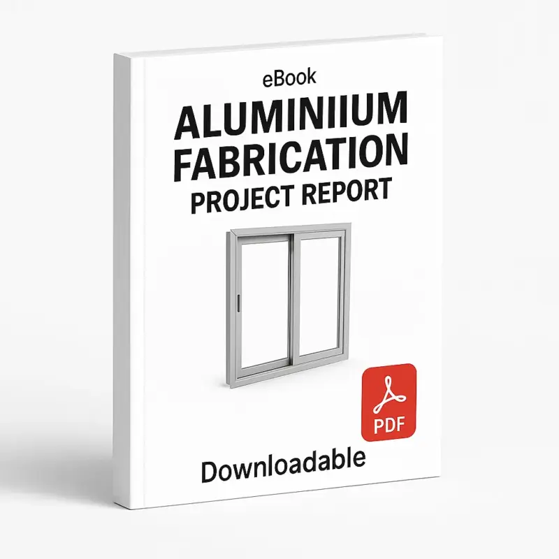 3D eBook cover mockup of “Aluminium Fabrication Project Report” with a realistic aluminum window frame in the center, white background, small “eBook” text at the top, red PDF icon at the bottom right, and the word “Downloadable” written below, shown at a slight right-side angle revealing the book spine.
