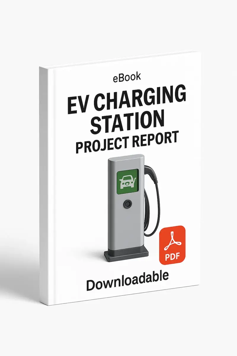3D eBook cover mockup of “EV Charging Station Project Report” with a realistic electric vehicle charging station in the center, white background, small “eBook” text at the top, red PDF icon at the bottom right, and the word “Downloadable” written below, shown at a slight right-side angle revealing the book spine.
