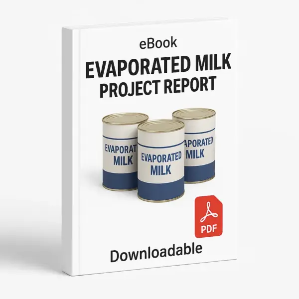 3D eBook cover mockup of “Evaporated Milk Project Report” with four realistic tin cans of evaporated milk placed in the center, white background, small “eBook” text at the top, red PDF icon at the bottom right, and the word “Downloadable” written below, shown at a slight right-side angle revealing the book spine.