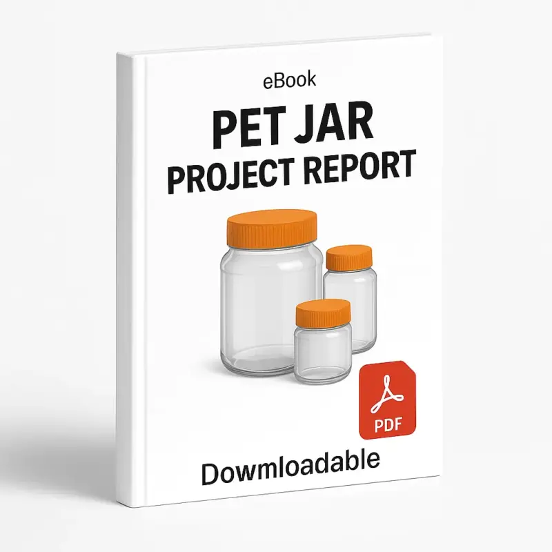 3D eBook cover mockup of “Pet Jar Project Report” with three transparent PET jars of different sizes and orange lids in the center, white background, small “eBook” text at the top, red PDF icon at the bottom right, and the word “Downloadable” written below, shown at a slight right-side angle revealing the book spine.