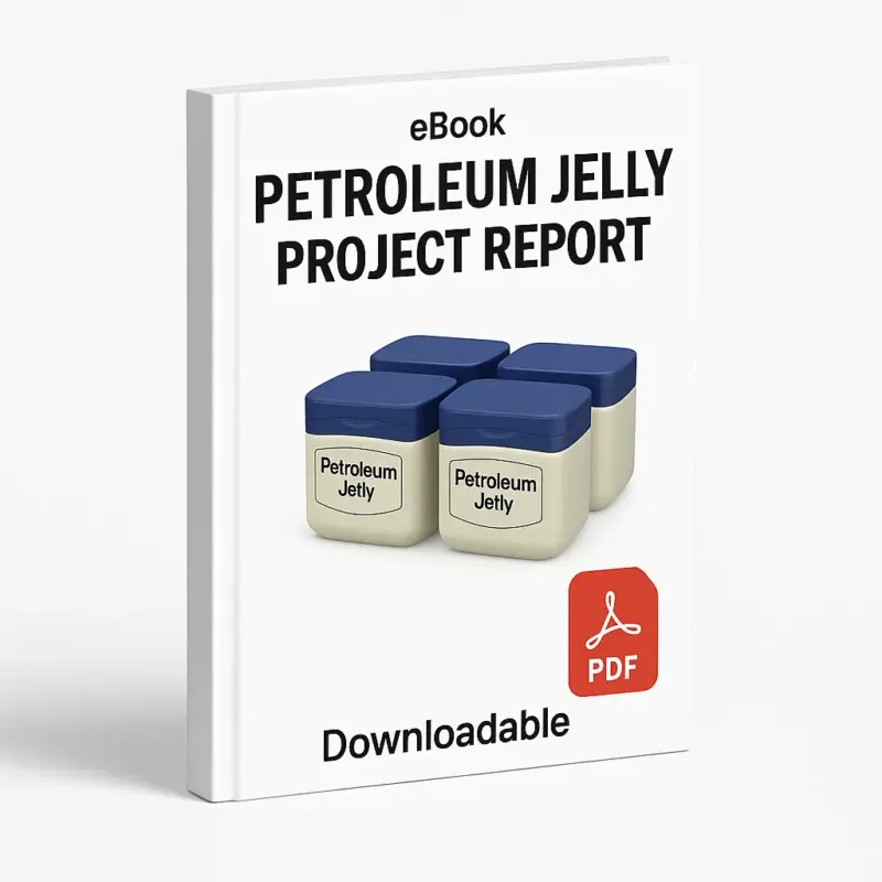 3D eBook cover mockup of “Petroleum Jelly Project Report” with four realistic petroleum jelly jars of different sizes placed in the center, white background, small “eBook” text at the top, red PDF icon at the bottom right, and the word “Downloadable” written below, shown at a slight right-side angle revealing the book spine.