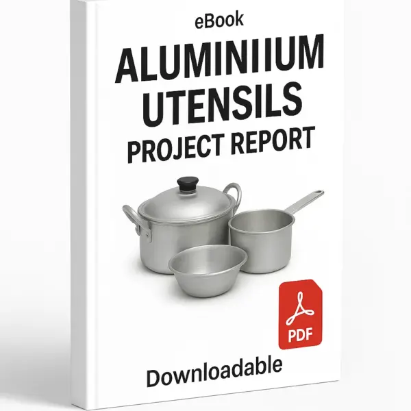 3D eBook cover mockup of “Aluminium Utensils Project Report” with realistic aluminum utensils including a pot, saucepan, and bowl in the center, white background, small “eBook” text at the top, red PDF icon at the bottom right, and the word “Downloadable” written below, shown at a slight right-side angle revealing the spine.