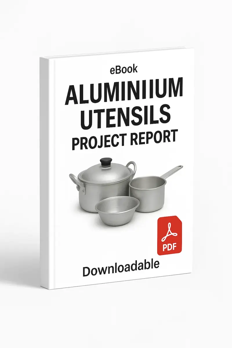 3D eBook cover mockup of “Aluminium Utensils Project Report” with realistic aluminum utensils including a pot, saucepan, and bowl in the center, white background, small “eBook” text at the top, red PDF icon at the bottom right, and the word “Downloadable” written below, shown at a slight right-side angle revealing the spine.