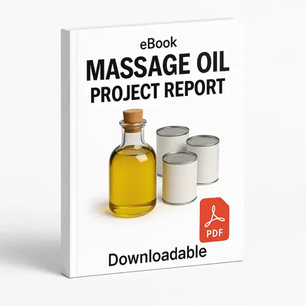 3D eBook cover mockup of “Massage Oil Project Report” with a realistic glass bottle of yellow massage oil in the center, white background, small “eBook” text at the top, red PDF icon at the bottom right, and the word “Downloadable” written below, shown at a slight right-side angle revealing the spine.