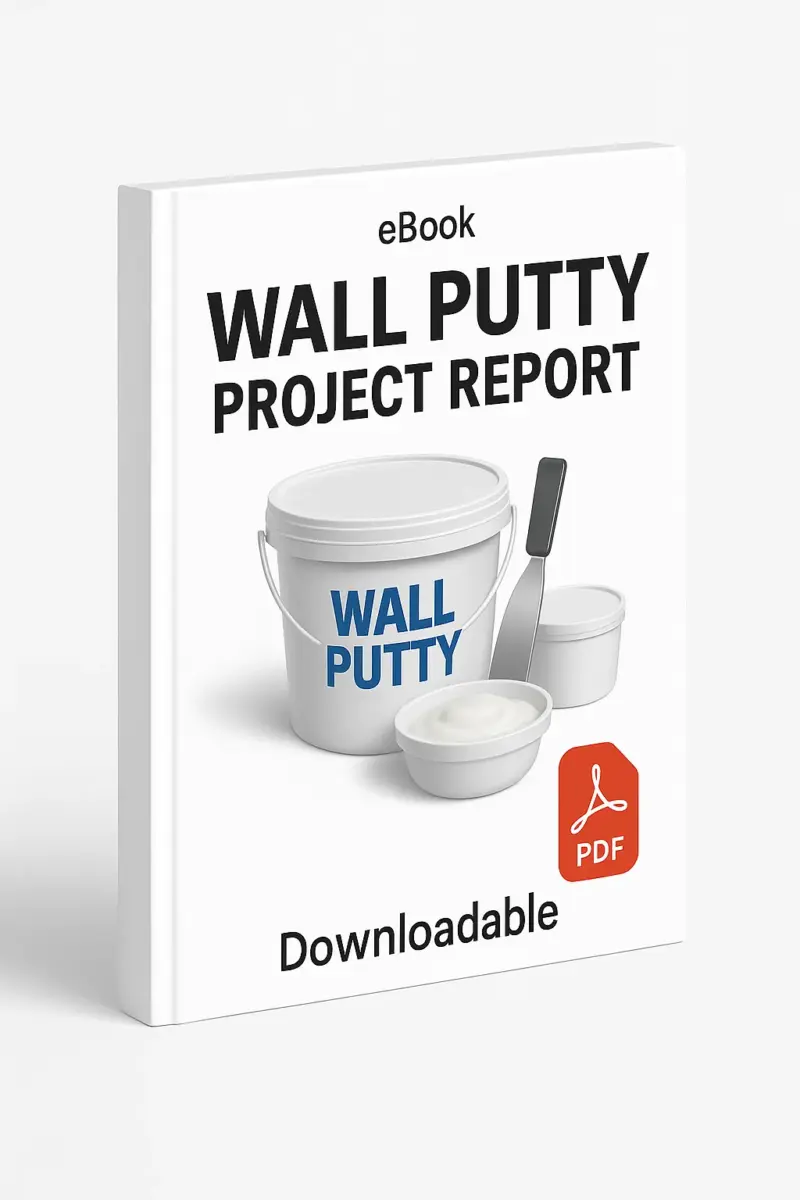 3D eBook cover mockup of “Wall Putty Project Report” with a realistic white bucket of wall putty, a trowel, and a paint roller in the center, white background, small “eBook” text at the top, red PDF icon at the bottom right, and the word “Downloadable” written below, shown at a slight right-side angle revealing the book spine.
