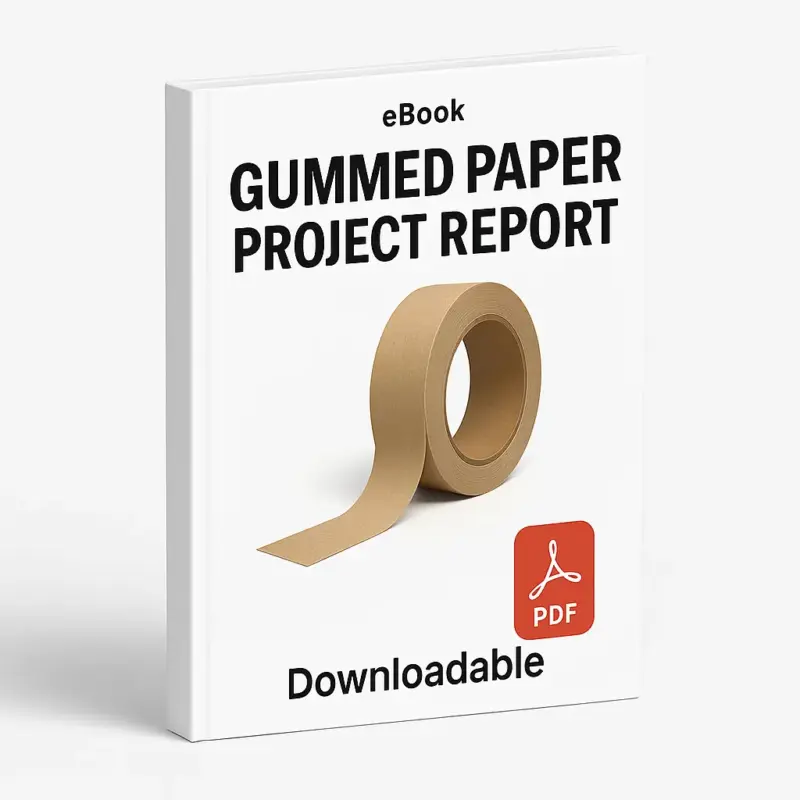 3D eBook cover mockup of “Gummed Paper Tape Project Report” featuring realistic brown gummed paper tape rolls stacked in the center, white background, small “eBook” text at the top, red PDF icon at the bottom right, and the word “Downloadable” written below, shown at a slight right-side angle revealing the book spine.