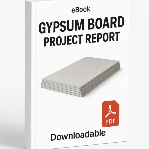 3D eBook cover mockup of “Gypsum Board Project Report” featuring realistic stacked gypsum boards placed in the center, white background, small “eBook” text at the top, red PDF icon at the bottom right, and the word “Downloadable” written below, shown at a slight right-side angle revealing the book spine.