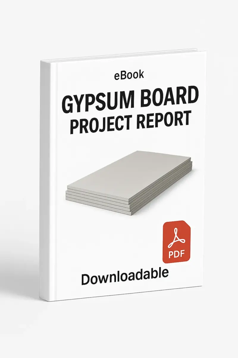 3D eBook cover mockup of “Gypsum Board Project Report” featuring realistic stacked gypsum boards placed in the center, white background, small “eBook” text at the top, red PDF icon at the bottom right, and the word “Downloadable” written below, shown at a slight right-side angle revealing the book spine.