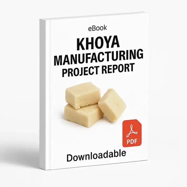 3D eBook cover mockup of “Khoya Manufacturing Project Report” with a realistic steel plate filled with fresh khoya (mawa) in the center, white background, small “eBook” text at the top, red PDF icon at the bottom right, and the word “Downloadable” written below, shown at a slight right-side angle revealing the book spine.