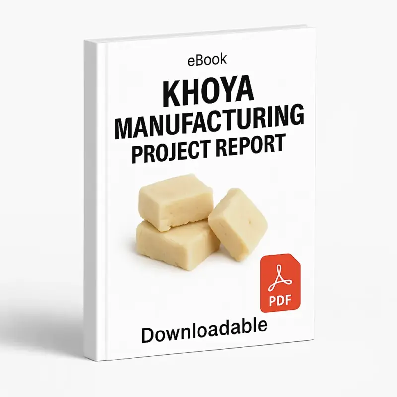 3D eBook cover mockup of “Khoya Manufacturing Project Report” with a realistic steel plate filled with fresh khoya (mawa) in the center, white background, small “eBook” text at the top, red PDF icon at the bottom right, and the word “Downloadable” written below, shown at a slight right-side angle revealing the book spine.