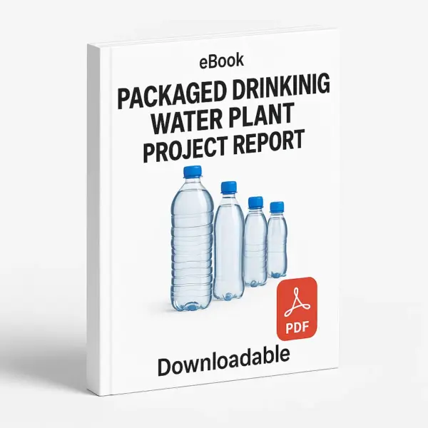 3D eBook cover mockup of “Packaged Drinking Water Plant Project Report” with realistic transparent water bottles placed in the center, white background, small “eBook” text at the top, red PDF icon at the bottom right, and the word “Downloadable” written below, shown at a slight right-side angle revealing the book spine.